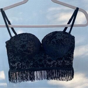 Intimissimi Black Velvet Damask Fringe Bustier Top Size 36C
